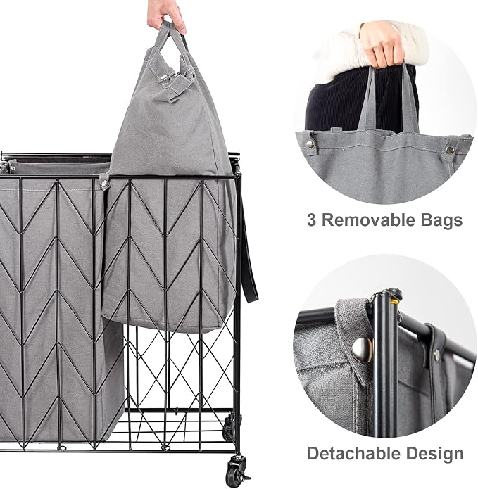 WOWLIVE Laundry Basket with Wheels, 142L Hamper 3 Section with Lid, Dirty Clothes Hamper with Removable Bags, Large Capacity Iron-Made Organizer Laundry Sorter for Dorm, Grey - Image 5