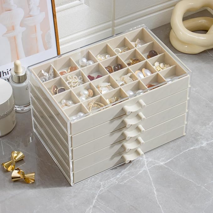 YUFONG Earring Storage Box Organizer, Acrylic Jewelry Storage Box Holder 5 Drawers Transparent Jewelry Display Stand with 120 Small Compartments Gift Boxes for Women Girls (Beige) - Image 5