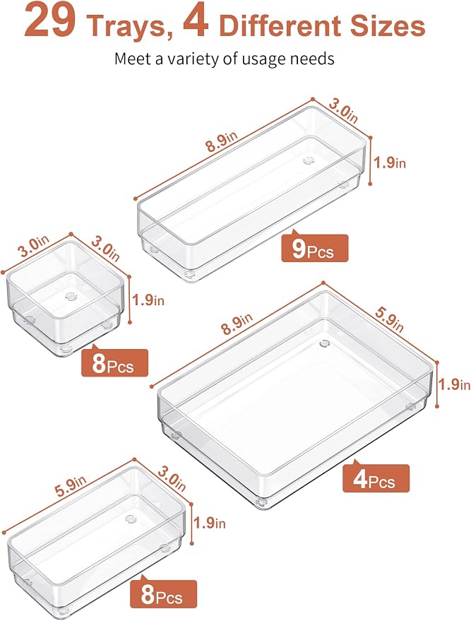 SMARTAKE 29-Piece Drawer Organizer with Non-Slip Silicone Pads, 4-Size Desk Drawer Organizer Trays Storage Tray for Makeup, Jewelries, Utensils in Bedroom Dresser, Office and Kitchen (Clear) - Image 2