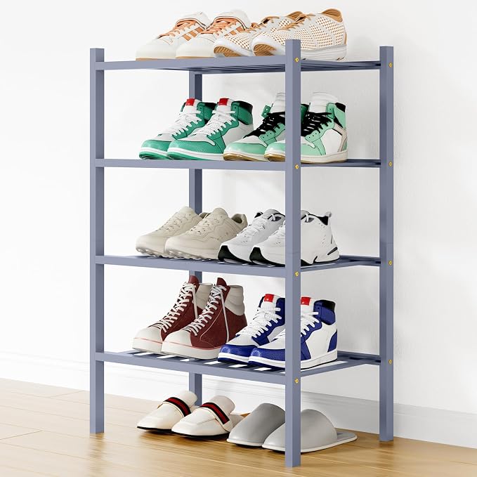 Smiry Shoe Rack, 4 Tier Small Bamboo Shoe Organizer, Stackable Free Standing Wooden Shoe Storage Shelf for Closet, Entryway, Front Door Entrance, Grey by Smiry