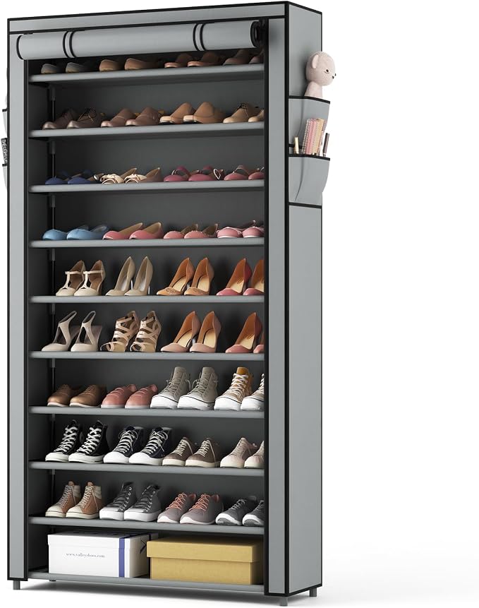 ROJASOP Shoe Rack with Covers, Stackable 10 Tier Tall Shoe Shelf Storage 50-55 Pairs Shoes and Boots Large Capacity Vertical Shoe Rack Organizer for Closet Entryway Garage Bedroom, Grey by ROJASOP