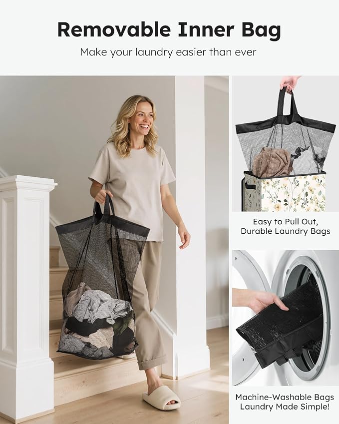 SOLEDI Laundry Hamper with Lid, 90L Tall & Large Floral Laundry Basket, Collapsible Clothes Hamper with Removable Bag, Dirty Hampers for Bedroom, Bathroom, Laundry Room - Image 4