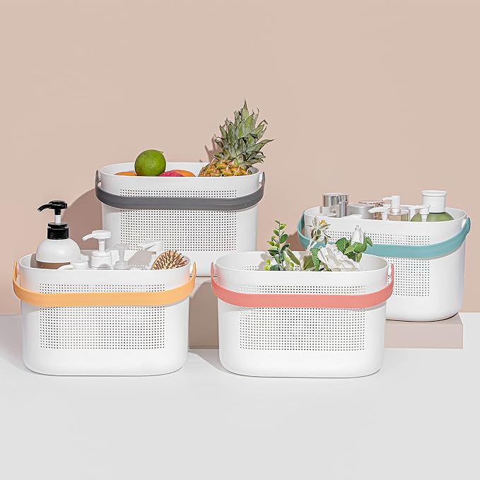 UUJOLY Plastic Storage Baskets with Handles, Shower Caddy Shelf Organizers Basket for Bathroom, Kitchen, Dorm Room, Grey - Image 2