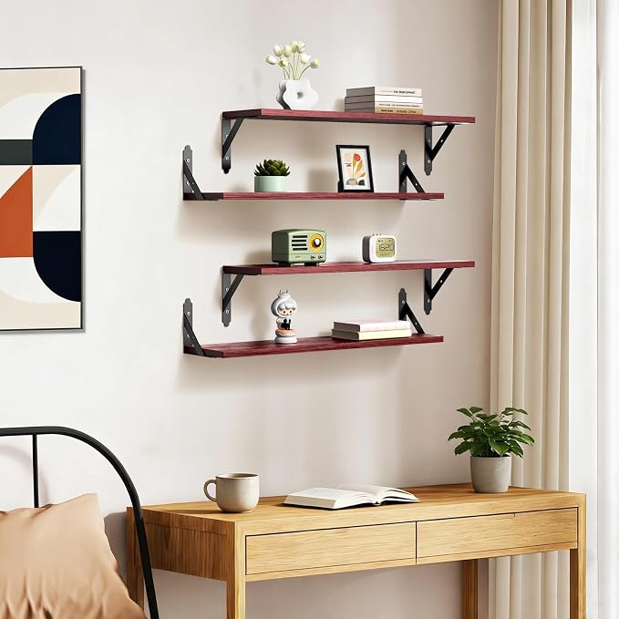 ROMGUAR CRAFT Wood Floating Shelves Set of 4, Rustic Storage Decor Wall Shelves, Wall Mounted Shelf for Living Room, Bedroom 23.6" x 6", Red - Image 7