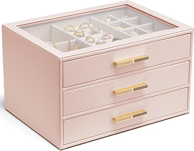 VLANDO Jewelry Box for Women, Glass Lid Jewelry Organizer with 3 Drawers for Necklaces Rings Earrings Bracelets Mother Day Gift for Mom - Dark Pink by VLANDO