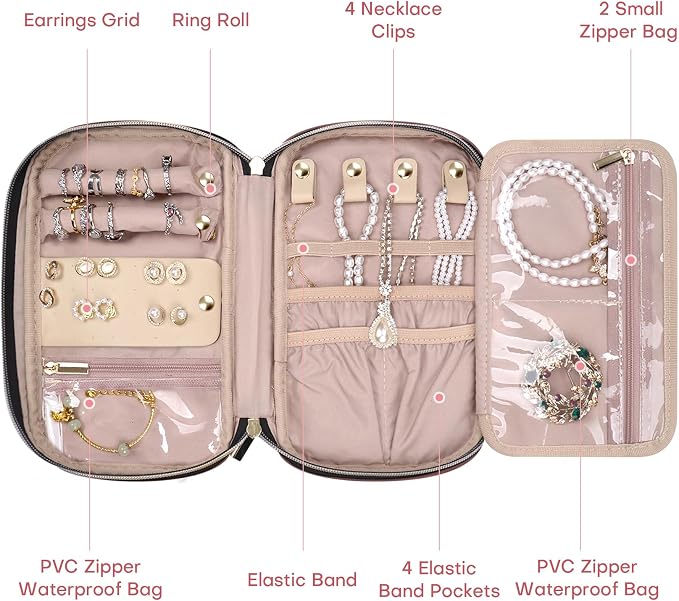 Jewelry Travel Case Organizer for Necklaces, Earrings, Rings, Bracelet, Watch, Soft Sided, Red Sandalwood - Image 3