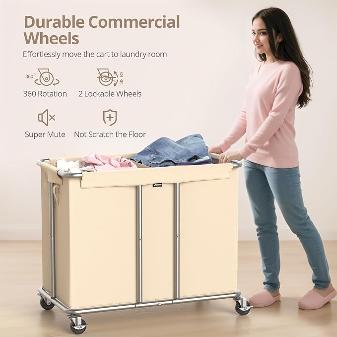 Hodonas 230L Rolling Laundry Hamper, 2-Section Laundry Basket with Wheels, 61 Gallons Laundry Sorter with Metal Structure and Removable Liner, Clothes Hamper for Laundry Room, Bathroom, Bedroom, Beige - Image 6
