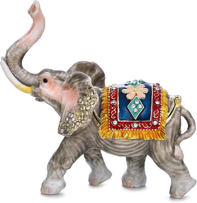Hand Painted Animal Trinket Box for Home Decor, Hinged Jewelry Organizer Storage, Unique Personalized Collectible Keepsake Figurine Handmade Decorative Ornament Gifts (Lucky Elephant) by AzurtLCX