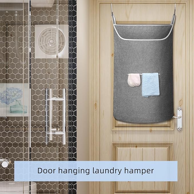 SAVERHO X-Large Hanging Laundry Hamper Bag, Door Hanging Hamper with Front Pocket Dirty Clothes Hanging Laundry Bag Large Size 35X22 inch Door Laundry Basket (Grey) - Image 3
