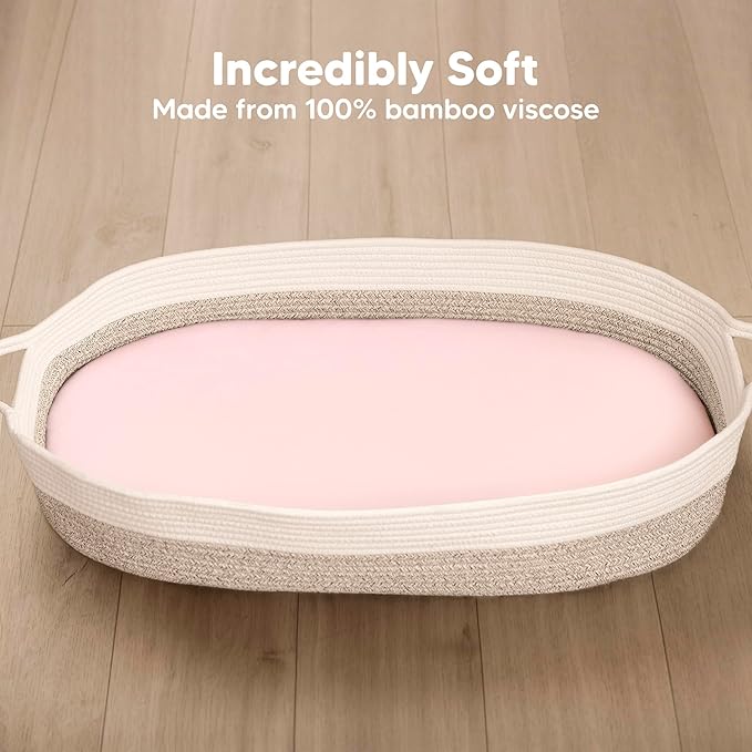 2-Pack Baby Bassinet Sheets Girl, Boy - 33x17 Viscose Derived from Bamboo Bedside Mattress Fitted Bassinet Sheets, Compatible with Halo Bassinest Swivel Sleeper, Baby Delight, Graco (Mist Rose)