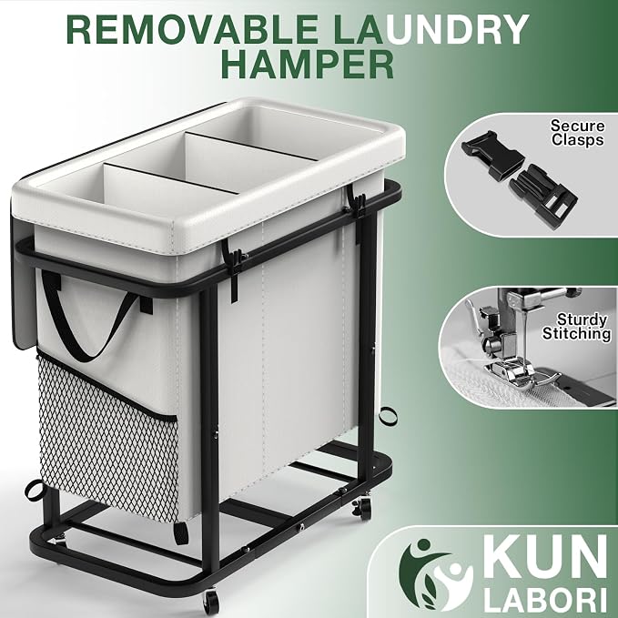 60 Gal(230L) High Grade Large Laundry Basket with Wheels, Rolling Laundry Hamper, Laundry Cart with Metal Frame and Removable Bag Design, Suitable for Laundry Room,Bedroom (White, 3 Section 230L) - Image 5
