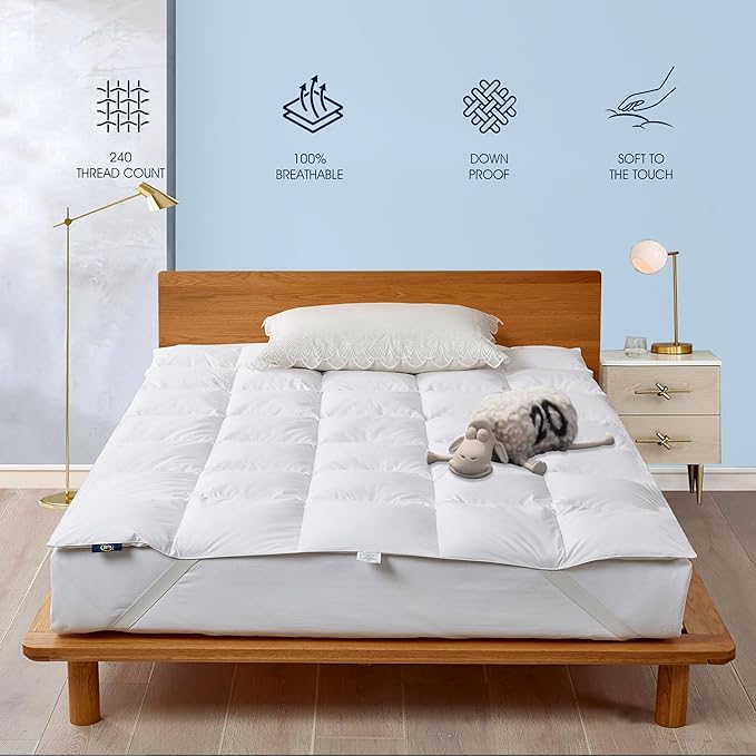 Serta White Goose Feather Down Bed Mattress Topper Full Size - Plush Fluffy Anchor Bands Mattress Pad 240 Thread Count 100% Cotton Fabric Featherbed, 54"x75"
