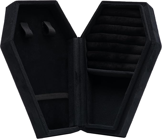 Velvet Coffin Jewelry Travel Case Holder for Gothic Wedding Ceremony Jewelry Organizer Decoration (Black) - Image 2