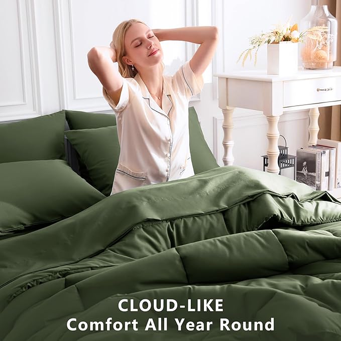 CozyLux King Size Comforter Set Olive Green, 7 Pieces Bed in a Bag, Green Comforter King Size, All Season Bedding Sets with Stitch Quilted Comforter, Flat Sheet, Fitted Sheet, Pillowcases