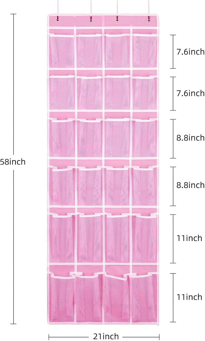 SAVERHO 2 Pack Hanging Shoe Organizer，Over Door Shoe Organizer with 24 Mesh Large Pockets Shoe Storage Bag for Sport Shoes Size:58x21 Inch Hanging Door Shoe Rack Organizer (Pink-2pack) - Image 2