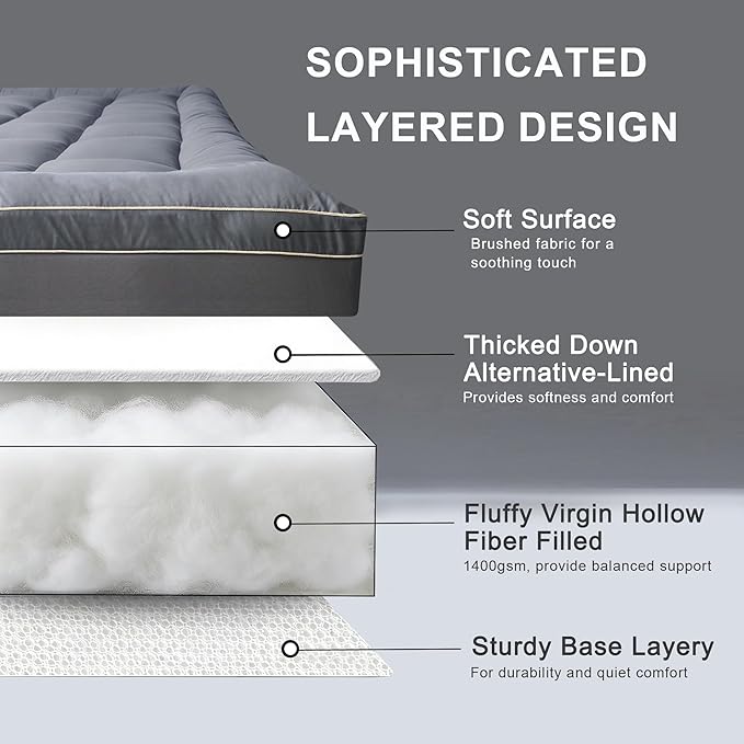 3 Inch Mattress Topper Queen Size Breathable Filled Soft Fluffy Supportive for Back Pain Relief, Bed Mattress Pad Pillow Topper with Extra Thick Padded Protector for 8"-21" Deep Pocket