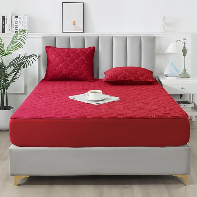 Waterproof Mattress Protector - Queen Size Mattress Pad Silent & Fitted Sheet Style | Full Bed Protection for Kids, Pets, Adults | Hypoallergenic, Machine Washable (Red, Queen)