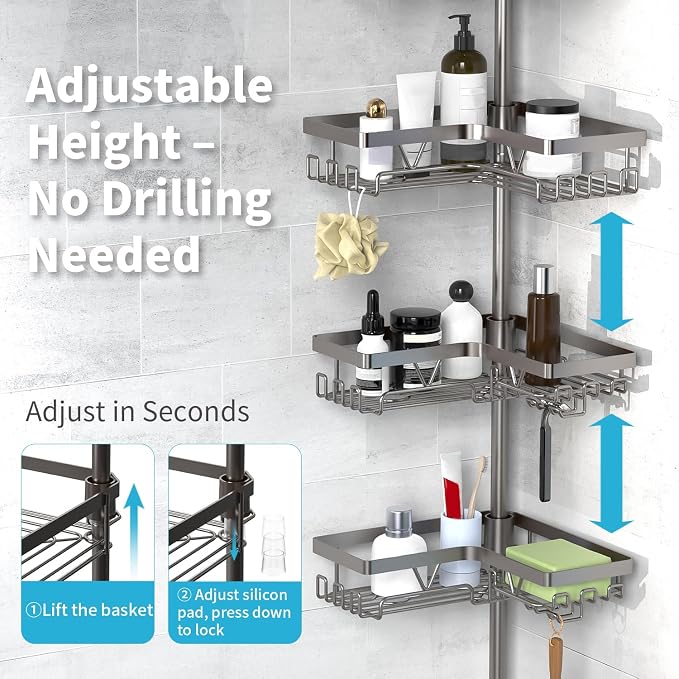 KEGII Corner Shower Caddy Tension Pole with Soap Dish & Razor Holder, Adjustable Bathroom Organizer with Hooks, 25-114.2 Inch Rustproof Storage Shelf for Renters & Apartments, Gunmetal Gray - Image 2