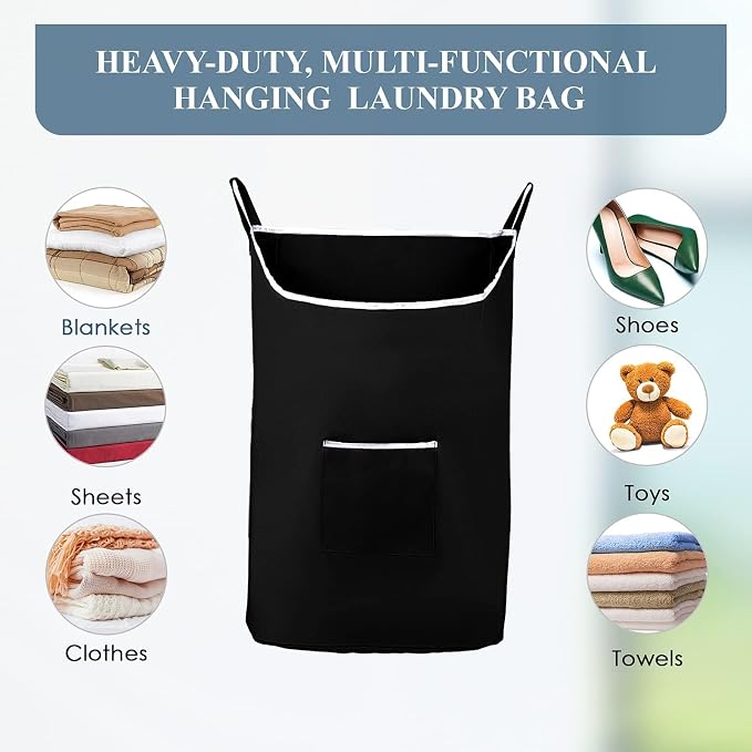 The Fine Living Co. X-Large Hanging Laundry Hamper with Over Door Hooks & Adhesive,Durable Space Saving Laundry Bag with Zipper and Wide Open Top,Hanging Dorm Laundry Hamper 20"x3.75"x31" (Black-XL) - Image 5