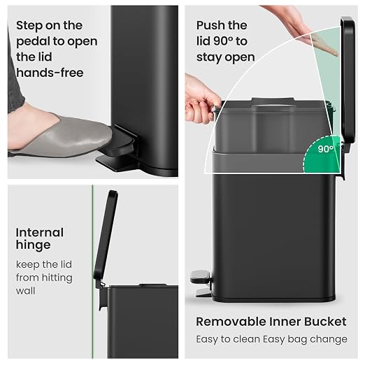 Cesun Bathroom Trash Can with Lid, 2.6 Gallon Small Black Bathroom Garbage Can Soft Close, Stainless Steel Waste Basket with Step Pedal for Bedroom, Laundry Room, Living Room, Home Office, Toilet, RV - Image 5