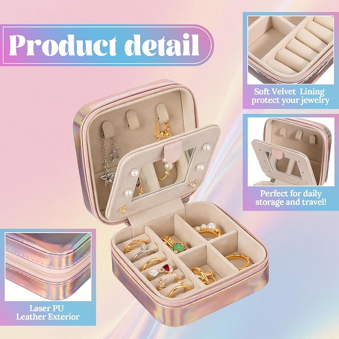 Nosiny 2 Pack Travel Jewelry Case with Mirror Small Laser Jewelry Box Organizer Gifts for Mother's Day Women Rings Earrings(Sakura Pink and Pastel Color) - Image 3