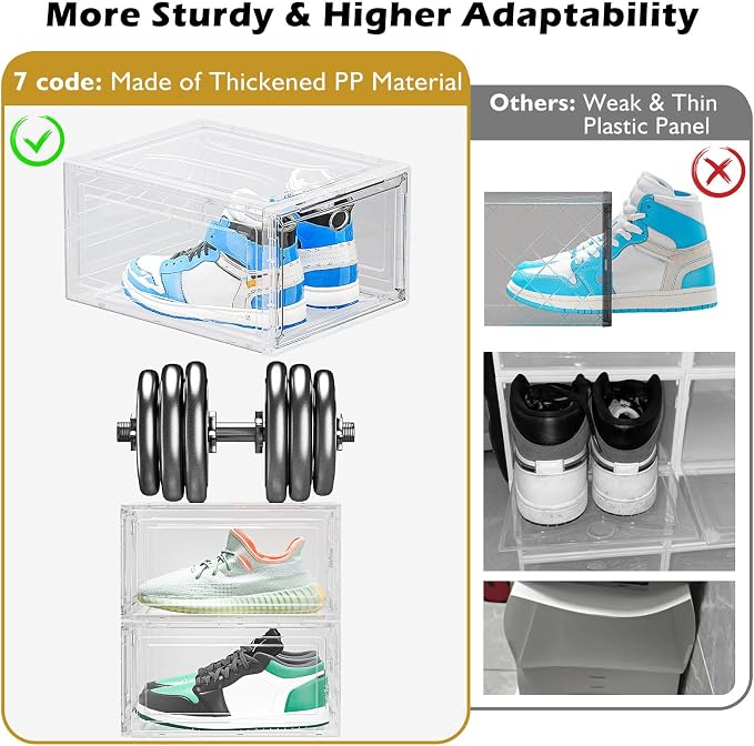 7 code Large Clear Shoe Boxes Organizer【Thicker Material】 Stronger Shoe Box with Magnetic Door, Stackable Shoe Storage Box for Closet, Foldable Space-Saving Storage Bins Shoe Cabinet, White 9 Pack - Image 6