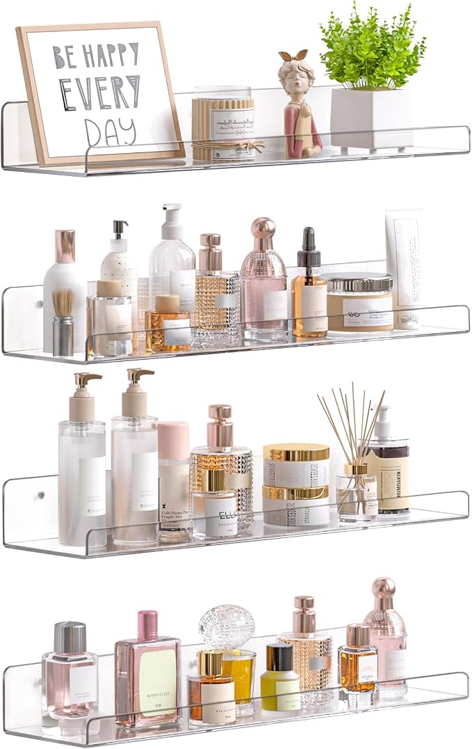 upsimples Acrylic Shelves for Bathroom Storage, 15" Floating Shelves Wall Organizer for Perfume, Make up, Skincare, Kids Bookshelf for Bedroom, Nursery, Living Room Decor, Clear, 4 Pack by upsimples