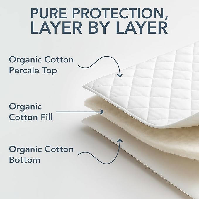 Naturepedic Organic Cotton Mattress Protector - Quilted Organic Cotton Mattress Pad with GOTS-Certified Non-Toxic, 100% Cotton Fabric and Fill - Queen Size Mattress Cover 60" W x 80" L