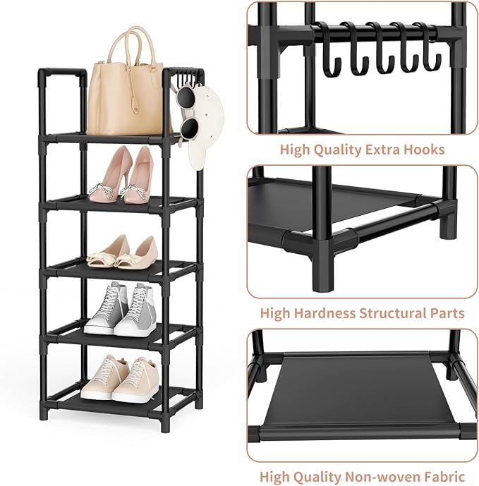 LANTEFUL Narrow Shoe Rack 5 Tier Shoe Shelf Storage for 5-10 Pairs Shoe and Boot, Sturdy Shoe Storage Space Saving Corner Shoe Rack Organizer for Closet, Entryway, Living Room, Black - Image 4