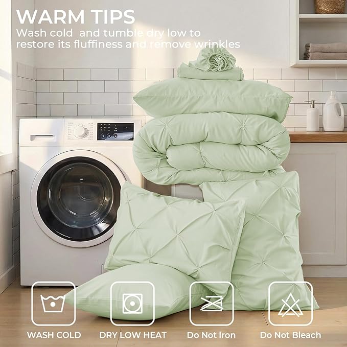 Sasttie California King Comforter Set, 7-Piece Bed in a Bag, Pintuck Bedding Sets for All Season, Includes Comforter, Flat Sheet, Fitted Sheet, Pillowcases and Pillowshams, Mint