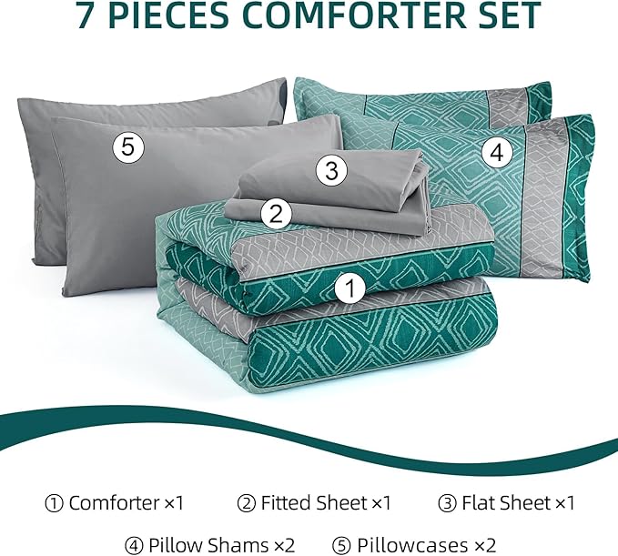 Dinjoy Teal Green King Size Comforter Set,Striped Boho Bed in a Bag King 7 Pieces Soft Bedding Comforters Sets with Sheet Beds Warm Microfiber Complete Set for All Season