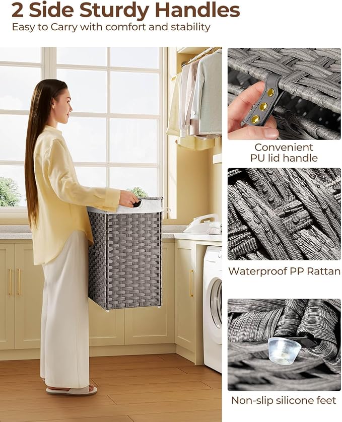 Greenstell Laundry Hamper with 2 Removable Liner Bags - 90L Divided Clothes Hamper, Handwoven Synthetic Rattan Foldable Laundry Basket with Lid and Handles Gray (18.3x13.3x24.0Inches) - Image 4