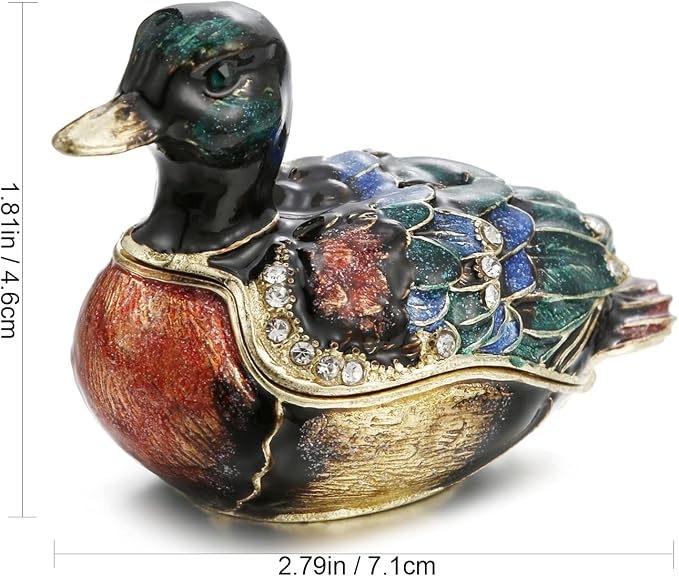 Hand Painted Enamel Duck Trinket Box for Home Decor, Hinged Jewelry Organizer for Ring Earrings, Unique Figurine Keepsake Collectible Personalized Elegant Handmade Ornament Gifts (Green Duck) - Image 2