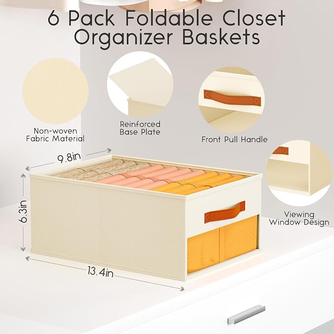 Homsorout Drawer Organizers and Storage - 6 Pack Foldable Pants Organizer with Clear Window & Handles, Fabric Closet Organizer for Clothes, Jeans, Sweaters, Towels, T-shirt, Scarf (Beige) - Image 3