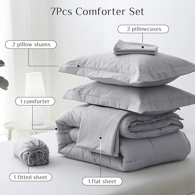 JOLLYVOGUE King Comforter Set, Ultra-Soft Bed in a Bag King Size 7 Pieces, Oeko-TEX Certified Bedding Set with Down Alternative Comforter, Sheets, Pillowcases & Shams, Light Grey