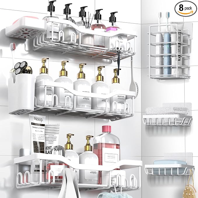 NESOMI Shower Caddy Adhesive Shower Organizer 8-Pack, Rustproof Stainless Steel Bathroom Shelves, Large Capacity No-Drill Rack Storage Accessories with Soap Dish Toothbrush Holder Hooks by OrganizeYourHomeEssentials
