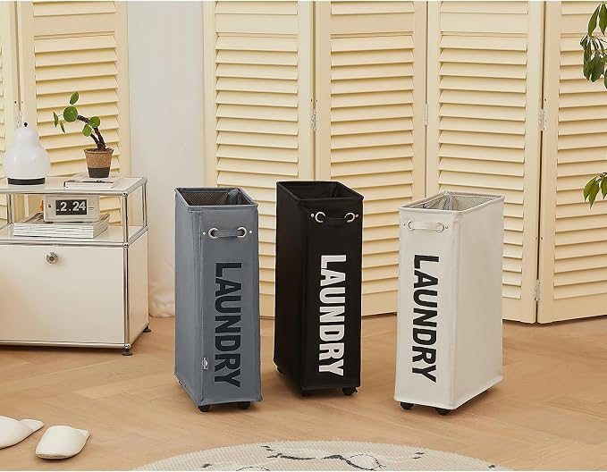 DOKEHOM 25-Inches Slim Laundry Basket on Wheels, Collapsible Rolling Laundry Hamper, Foldable Narrow Corner Clothes Storage Bins (Beige) - Image 9