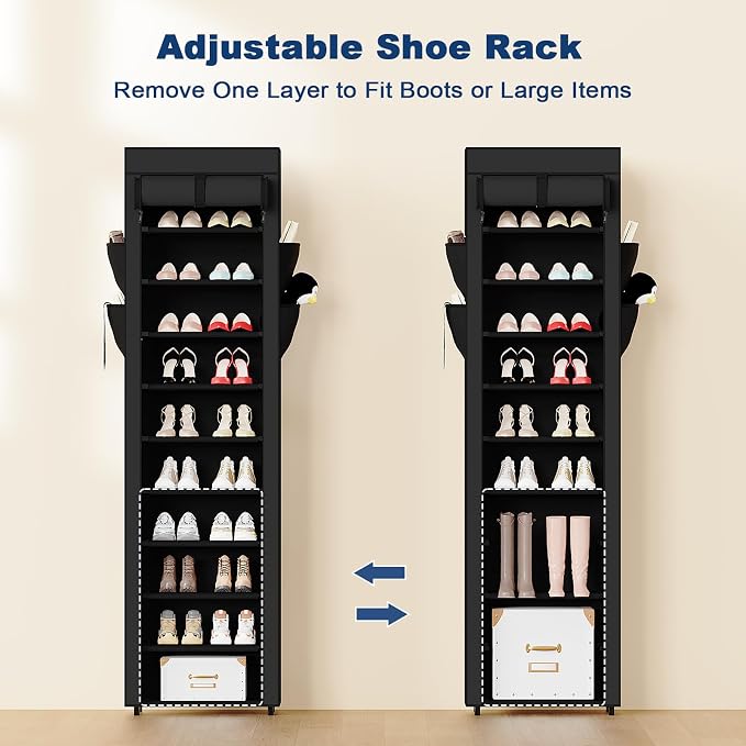 Mavivegue Shoe Rack with Cover, 10 Tier Tall Shoe Organizer for 18-22 Pairs of Shoes, Shoe Organizer with 4 Side Pockets, Shoe Cabinet for Entryway, Closet - Image 5