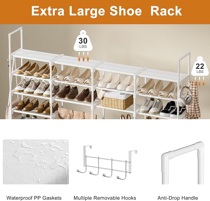 WOWLIVE 4 Row 9 Tiers Extra Large Shoe Rack Big Tall Metal Shoe Shelf, Heavy Duty Organizer for Closet Entryway, Boot Rack Storage Stackable Stand for Garage White - Image 6