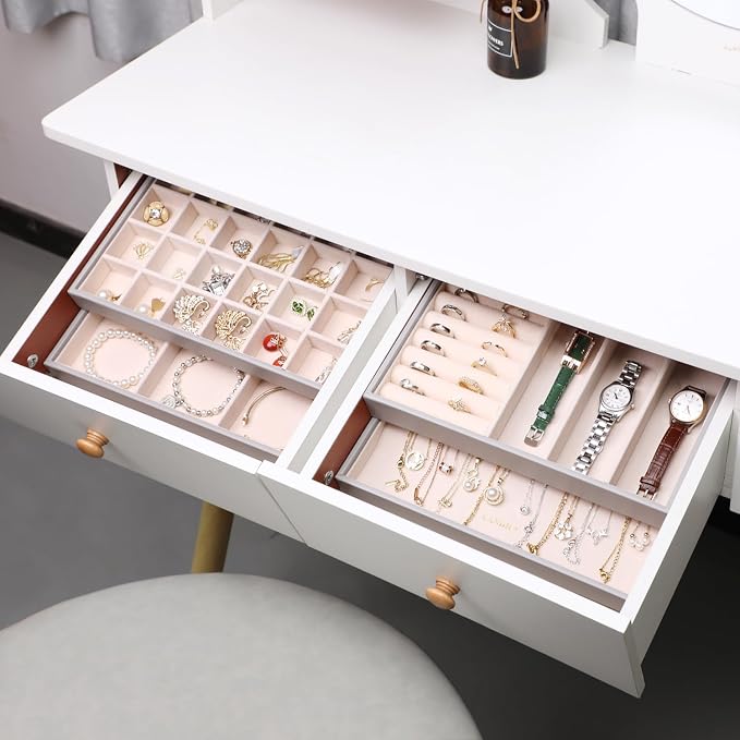LANDICI Stackable Jewelry Organizer Trays 4 Set,PU Leather Jewelry Organizer Drawer,Jewelry Storage Display Tray for Earring Necklace Rings Bracelet with Removable Dividers,Grey - Image 6