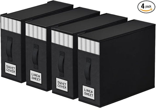 StorageTastic 4 Pack Bed Sheet Closet Organizers and Storage,Sturdy Foldable Storage Containers with Window and Label,Storage and Organization for Bedding Sheets,Duvet Covers,Blankets (Black) by StorageTastic