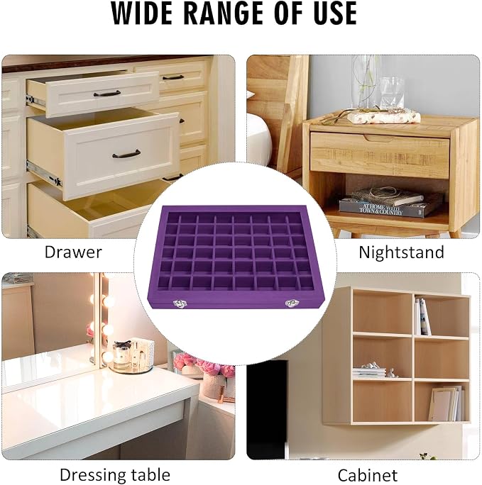 Siveit Velvet Jewelry Tray 48 Grid Jewelry Display Tray Organizer Box with Transparent Lid Rings Earrings Necklaces Pendants Display Box Suitable for Women and Girls (Purple) - Image 7