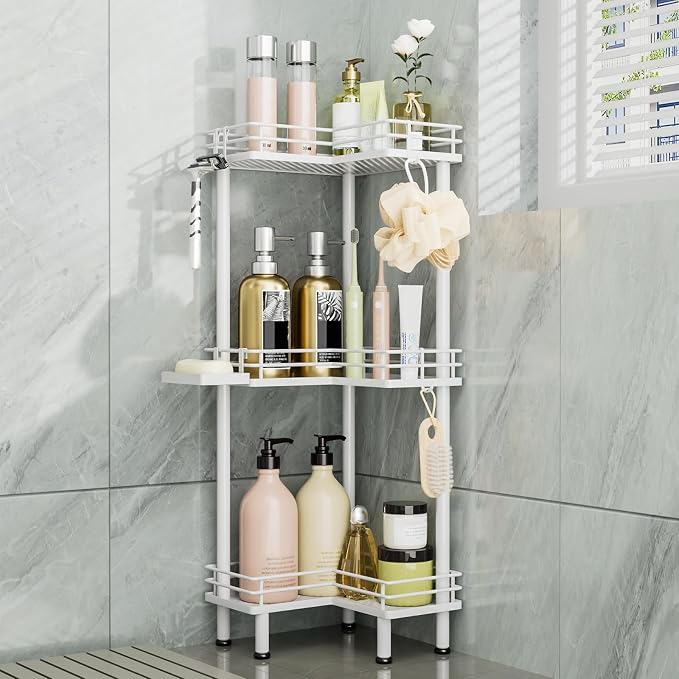 Consumest Corner Shower Caddy Standing - 3-Tier Stainless Steel Shower Organizer with Soap Holder and 4 Hooks, Large Capacity Corner Shelf Stand for Bathroom, Rest Room, White by Consumest