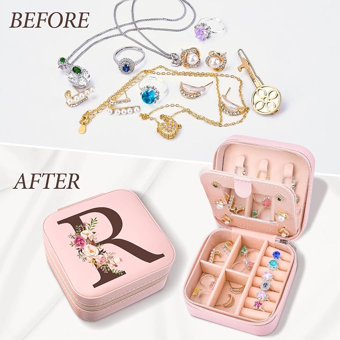 Inngeroo Small Travel Jewelry Case for Girls Women, Travel Jewelry Box Organizer Personalized Pink Gifts for Wife Mom, Gift for Friend Sister Grandma Aunt, Initial R - Image 5