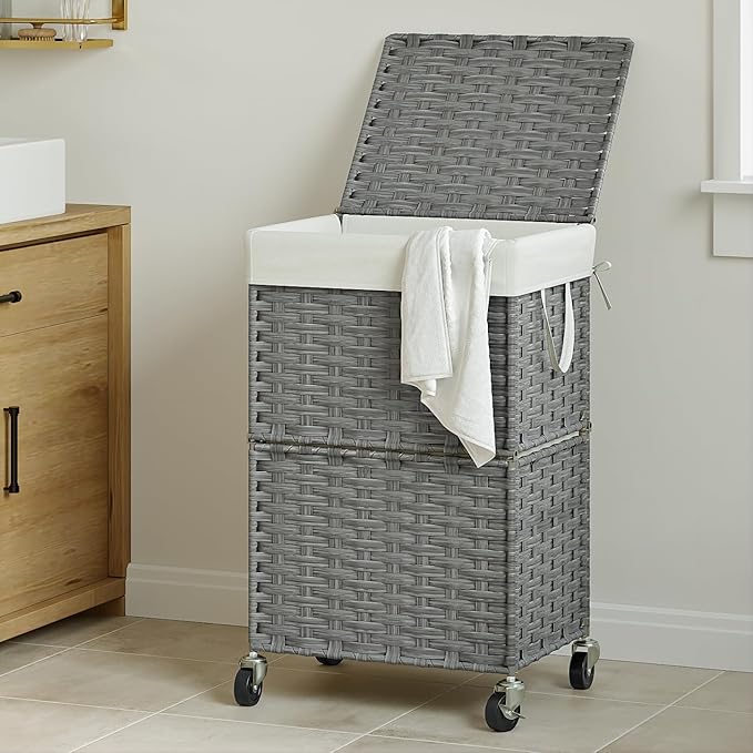 Chrislley 90L Slim Laundry Hamper with Wheels, Rolling Laundry Basket with Lid and Renovable Liner Bag, Handwoven Rattan Organizer for bedroom, bathroom, laundry room (Grey) - Image 2