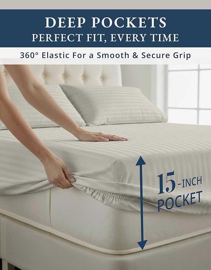LANE LINEN Striped Sheets Set - 100% Egyptian Cotton 4 Piece Bed for Queen Size Hotel Bedding & Pillowcases 16" Deep Pocket (Fits Upto 17" Mattress) Silver