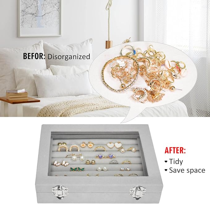 Vicoter Rings Organizer Tray 7 Slots Velvet Jewelry Earring Storage Box with Transparent lid Jewelry Display Case for Girls Wife Mom Women (Grey) - Image 5