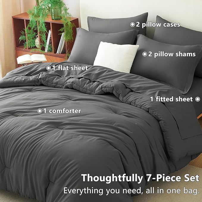 CozyLux King Size Comforter Set Dark Grey, 7 Pieces Bed in a Bag King Comforter Set with Sheets, Dark Gray Luxury Soft Bedding Sets with Down Alternative Comforter, Sheets, Pillowcases & Shams