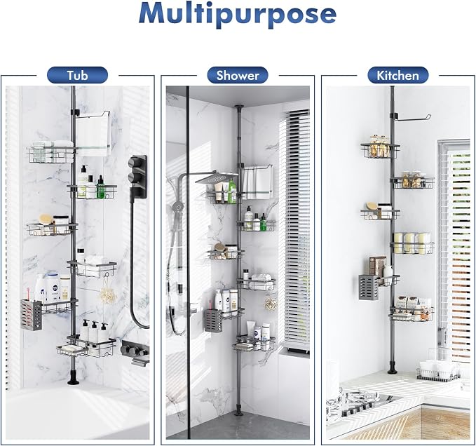 Vatex Corner Shower Caddy Tension Pole,30-120 Inch Adjustable Shower Organizer, 6-Tier Shower Shelves with Towel Rack/Toothbrush Holder/Soap Dish, Bathroom Corner Storage Rust-Resistant - Image 8