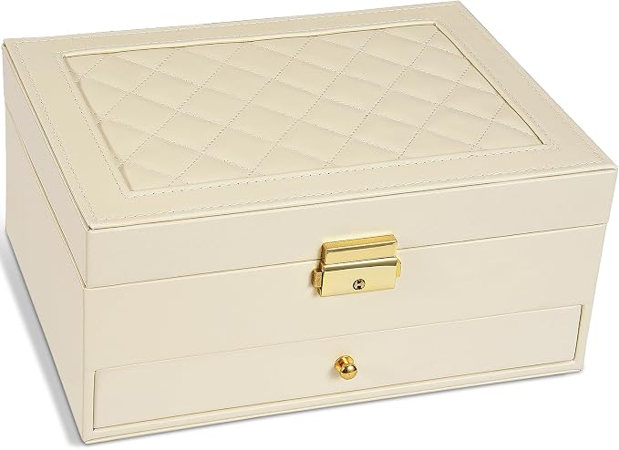 GUOER Jewelry Box for Women Girl Wife - Large PU Leather Jewelry Organizer Storage Case with Two Layers Display for Earrings Bracelets Rings Watches (Apricot) by GUOER